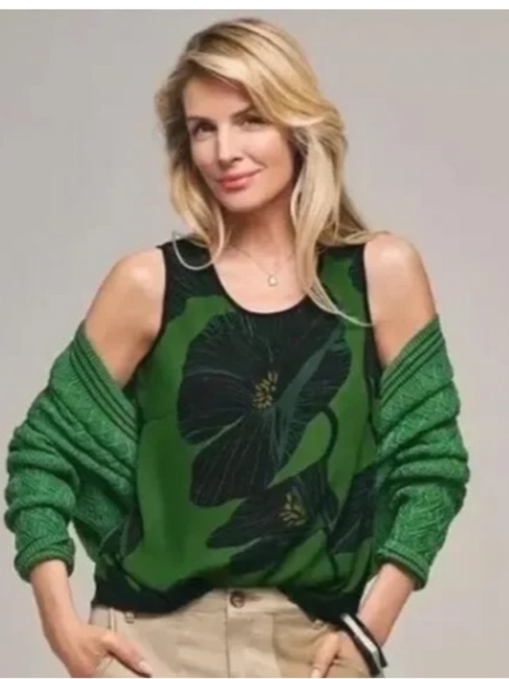 Cabi Tahiti Top, Green Floral top